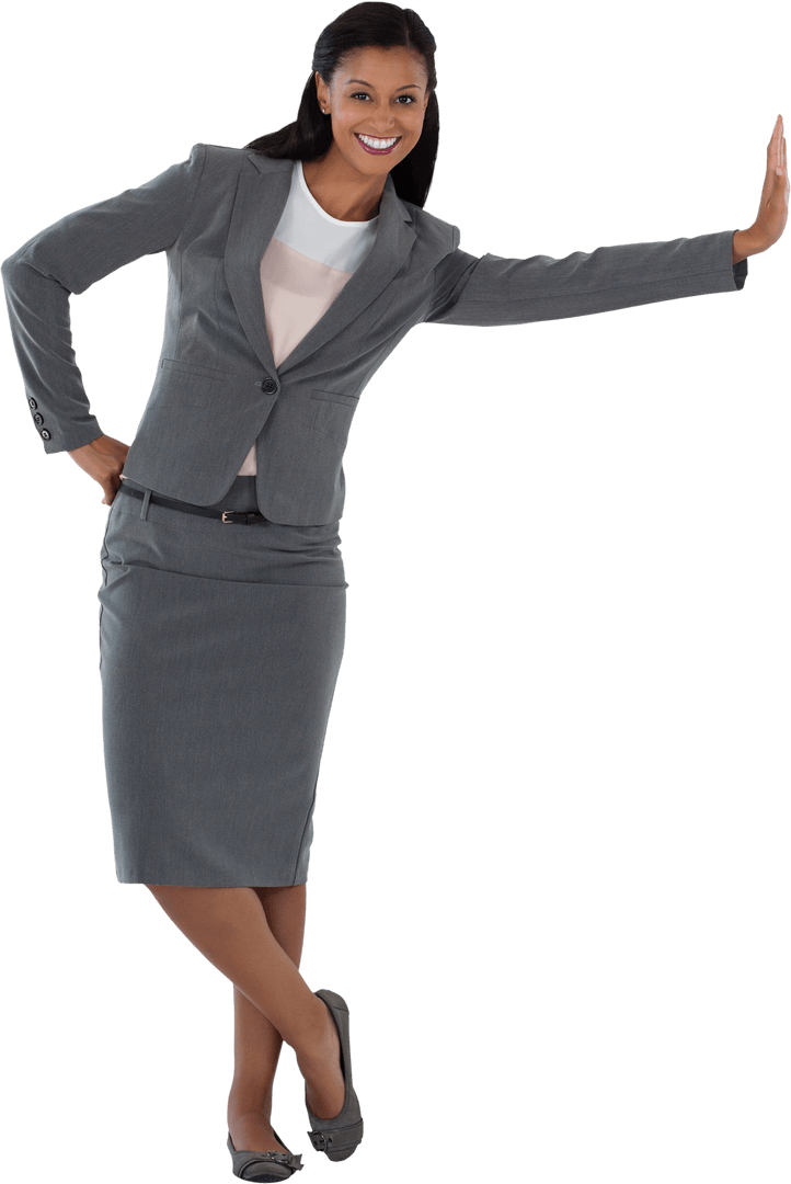 Transparent Businesswoman Leaning on Imaginary Surface with Confidence