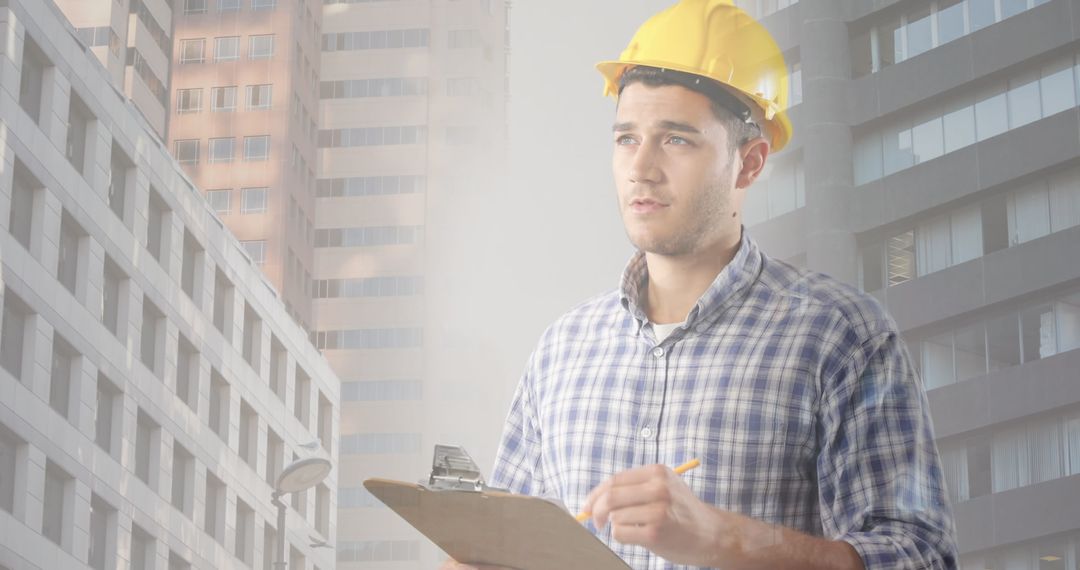 Engineer Evaluating Construction Site Amidst Skyscrapers