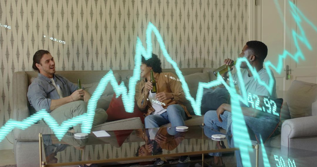 Friends Relaxing on Sofa Drinking Beer with Neon Stock Market Chart Overlay