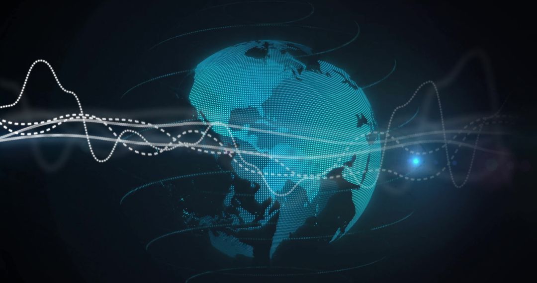 Abstract Digital Globe with Tech Data Waves on Dark Background