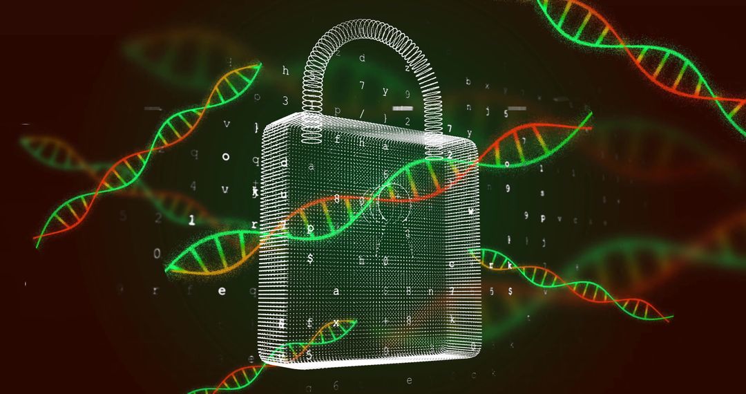 DNA Strands with Padlock Representing Cybersecurity and Data Protection