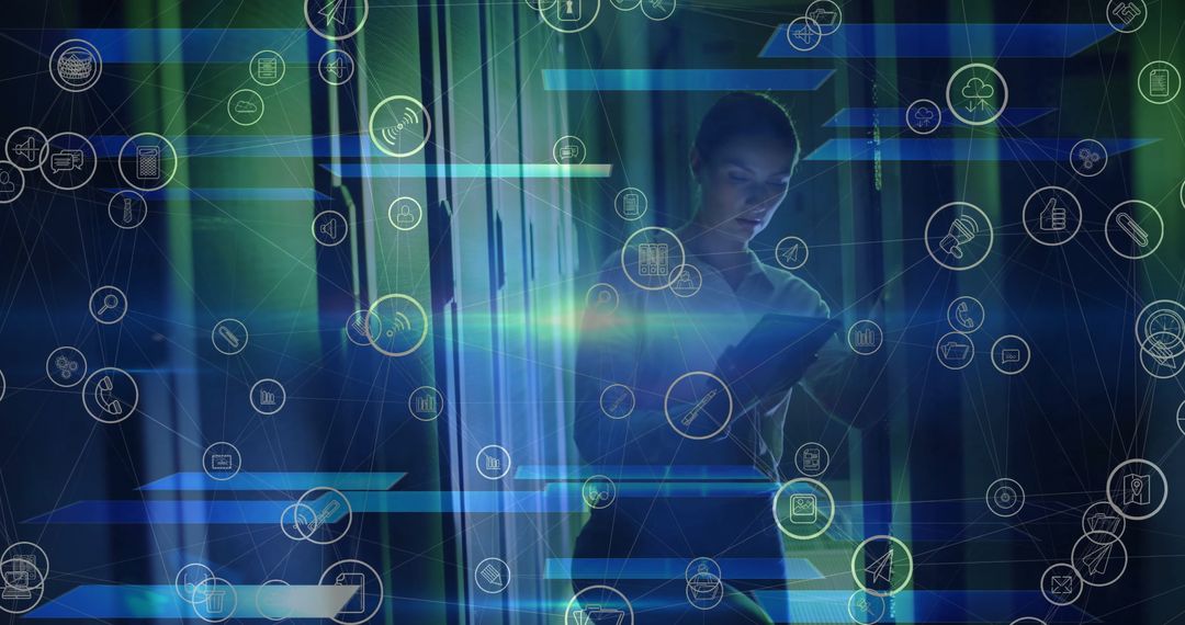 Female Technician Navigating Digital Icons in Dimly Lit Server Room