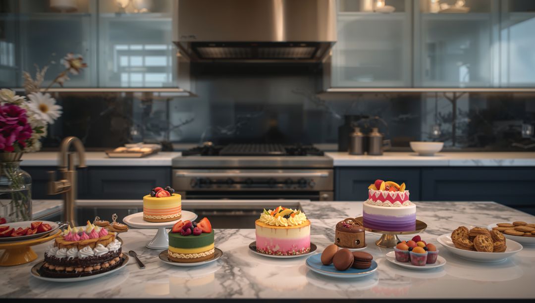 Assorted layered cakes, macarons and tarts on marble island in contemporary kitchen