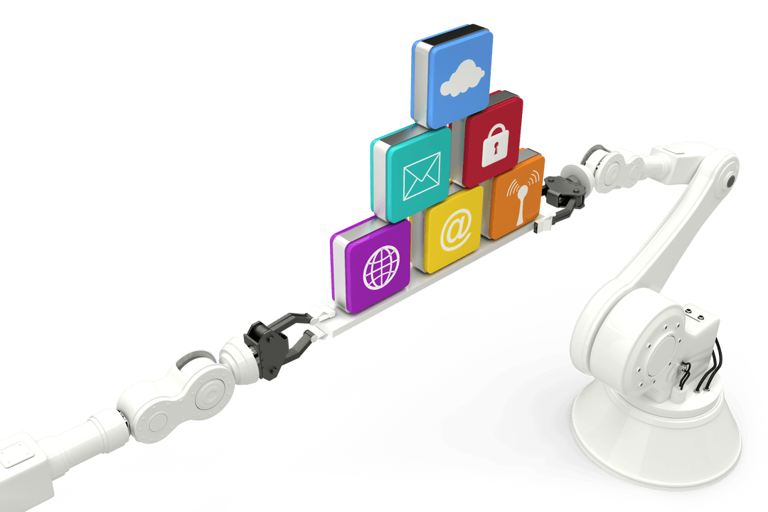 Transparent Robotic Arm Stacking Colorful Digital Cubes