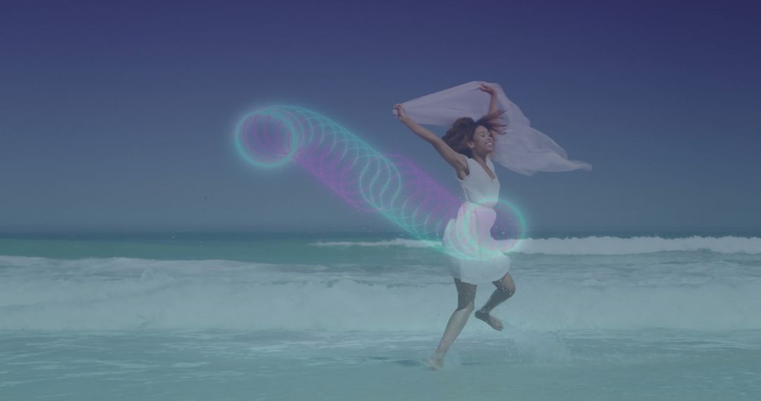 Joyful Woman Dancing on Ocean Shore with Neon Spiral Effect