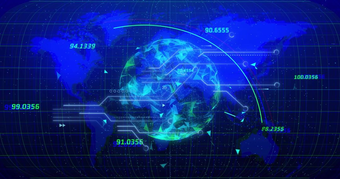 Digital global network data processing with blue connections