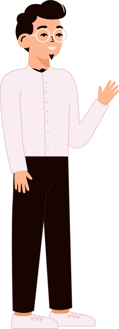 Friendly Male Figure Waving with Round Eyeglasses on Transparent Background