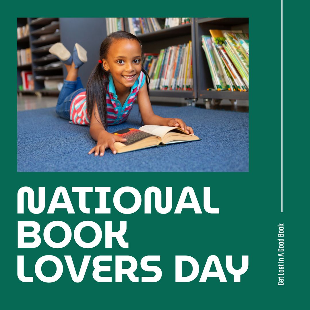Happy Biracial Girl Reading Book in Library on National Book Lovers Day - Download Free Stock Templates Pikwizard.com