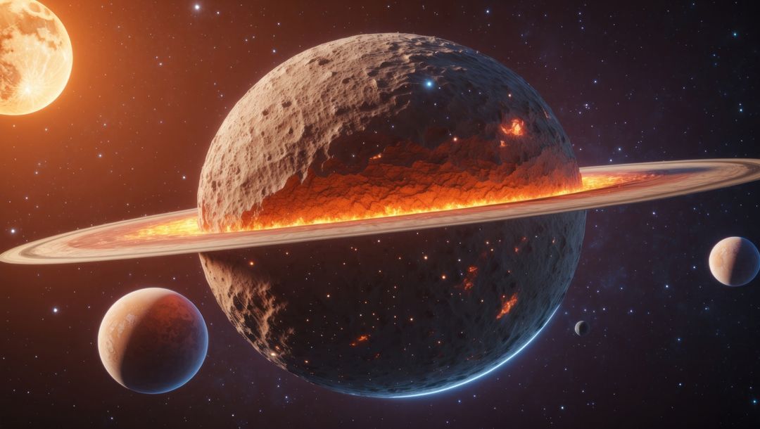 Glowing Fiery Ringed Rocky Planet in Vast Starry Cosmos