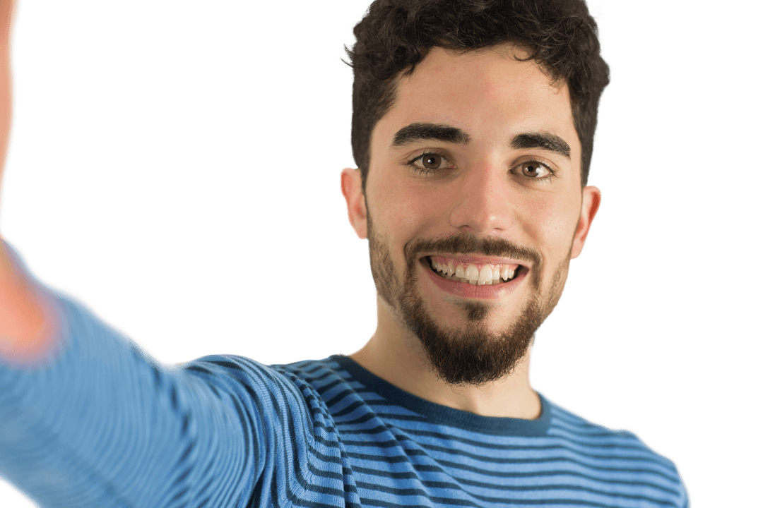 Smiling Man in Striped Shirt Taking Selfie on Transparent Background