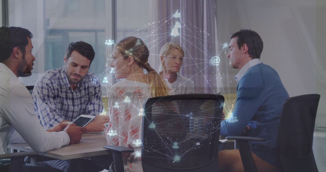 Business Team Discussing Strategies with Digital Interface Imagery