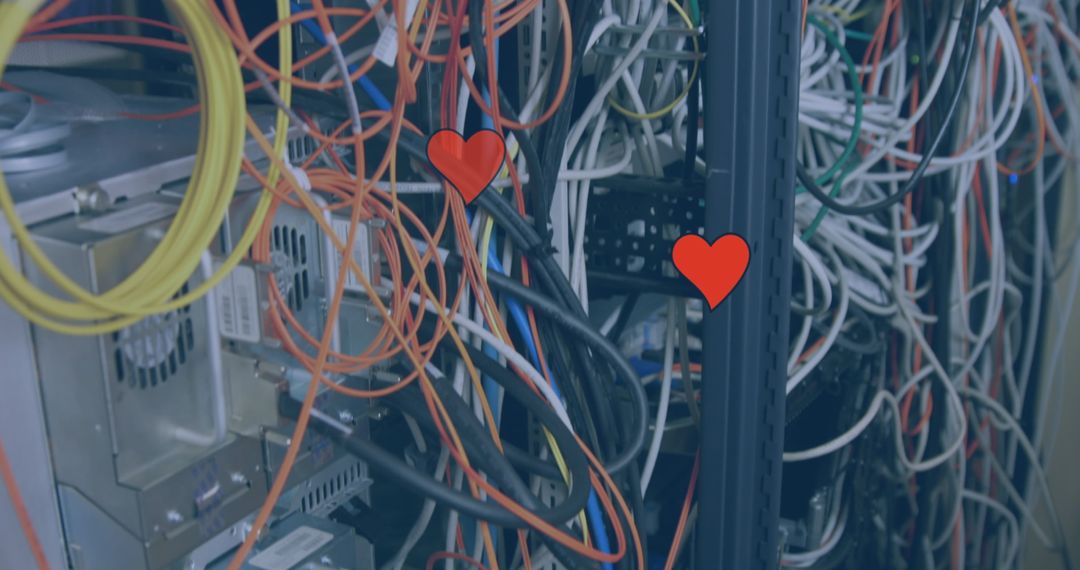 Tangled Network Cables in Server Room with Heart Symbols