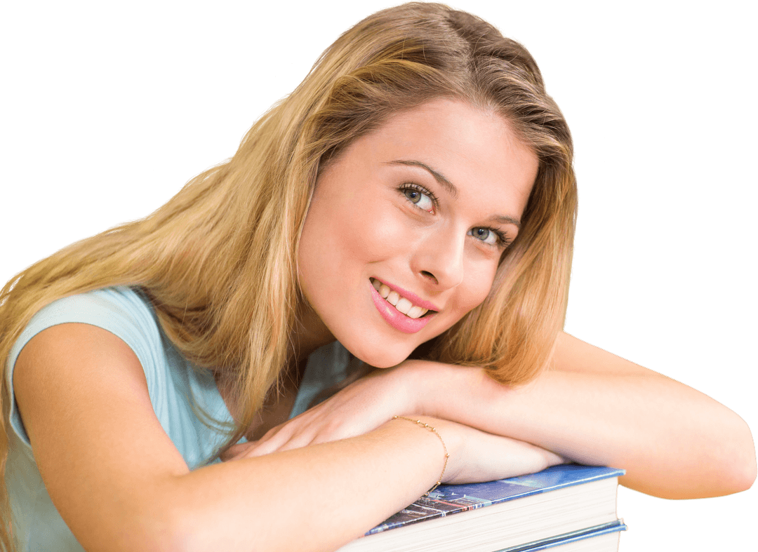 Transparent Portrait of Smiling Female Student Leaning on Books