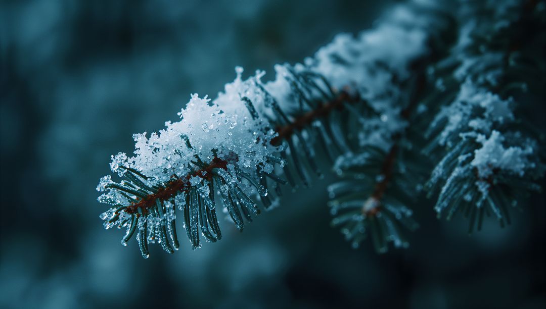 Snow-Covered Conifer Branch with Sparkling Ice Crystals in Mysterious Forest