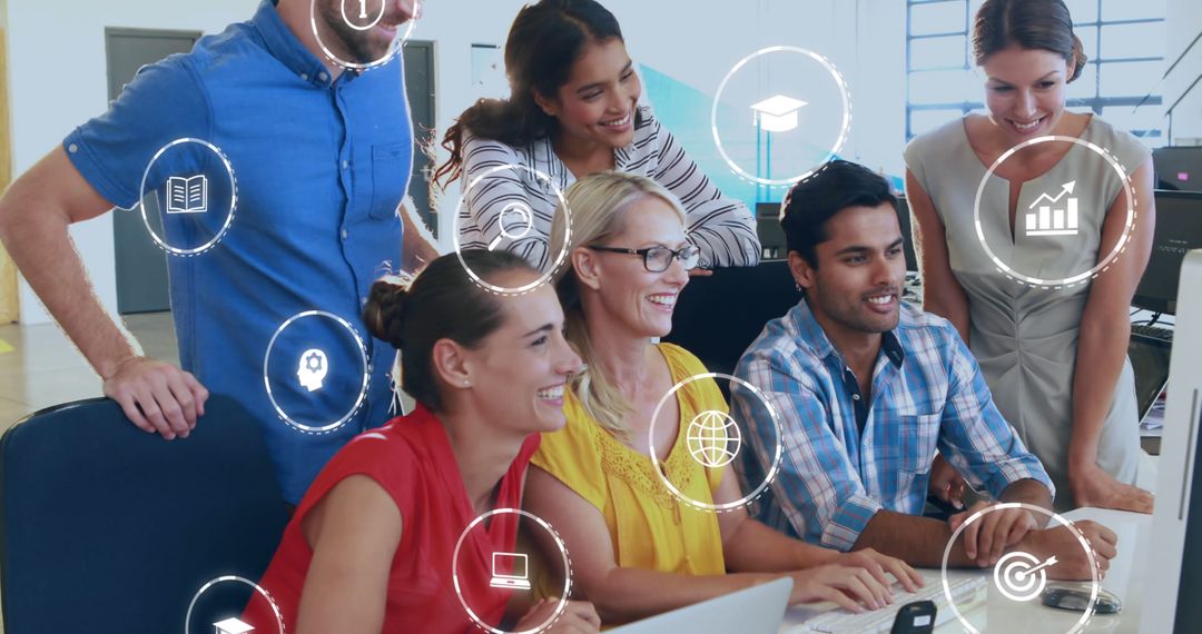 Diverse Team Collaborating with Digital Technology Icons in Office