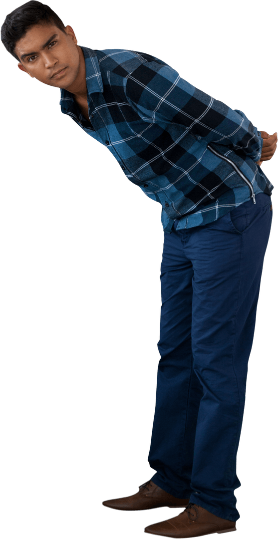 Curious Man Leaning Forward with Plaid Shirt Transparent Background