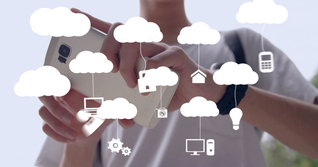 Caucasian Man Using Smartphone with Cloud Technology Icons