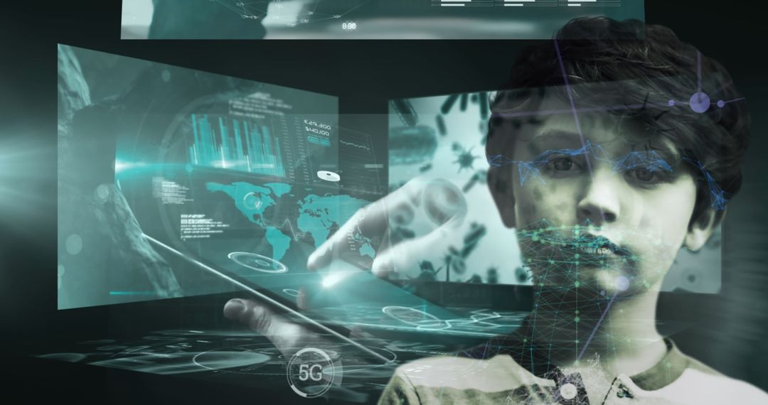 Futuristic Touchscreen Technology with Caucasian Boy