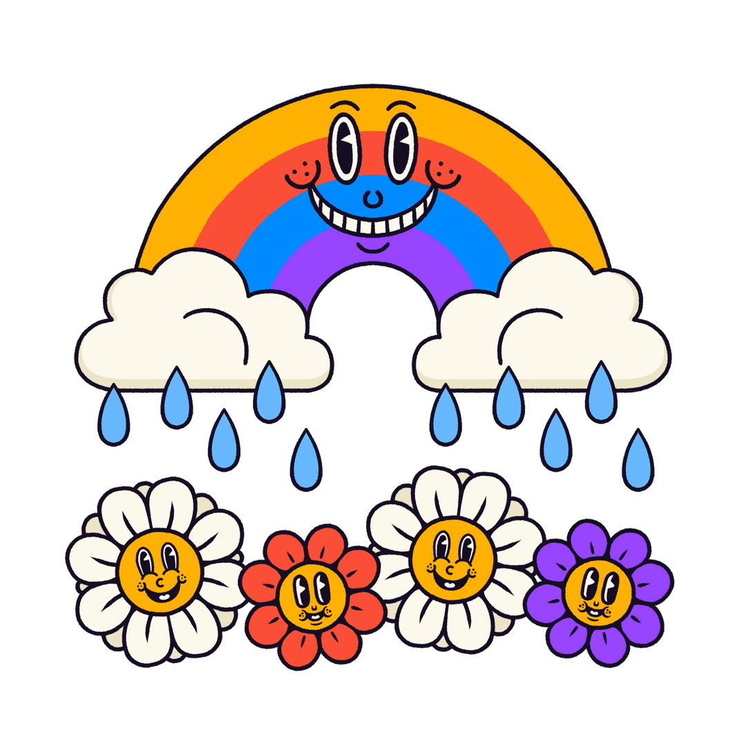 Smiling Rainbow with Clouds, Raindrops, and Cheerful Flowers Transparent Background