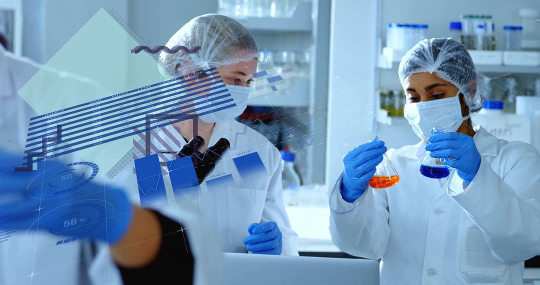 Laboratory Scientists Conducting Experiment with Flasks and Tablet Interaction