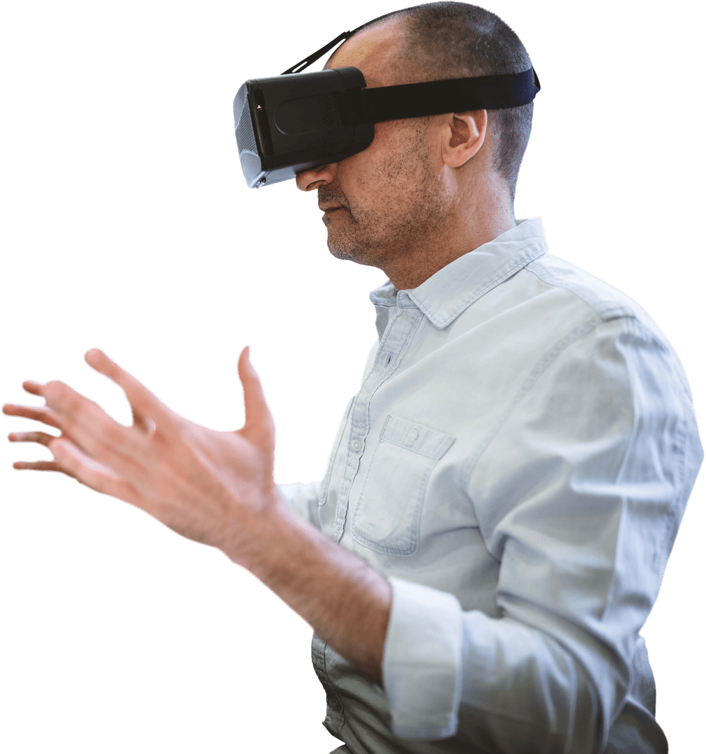 Man Engaged with Virtual Reality Headset Transparent Background
