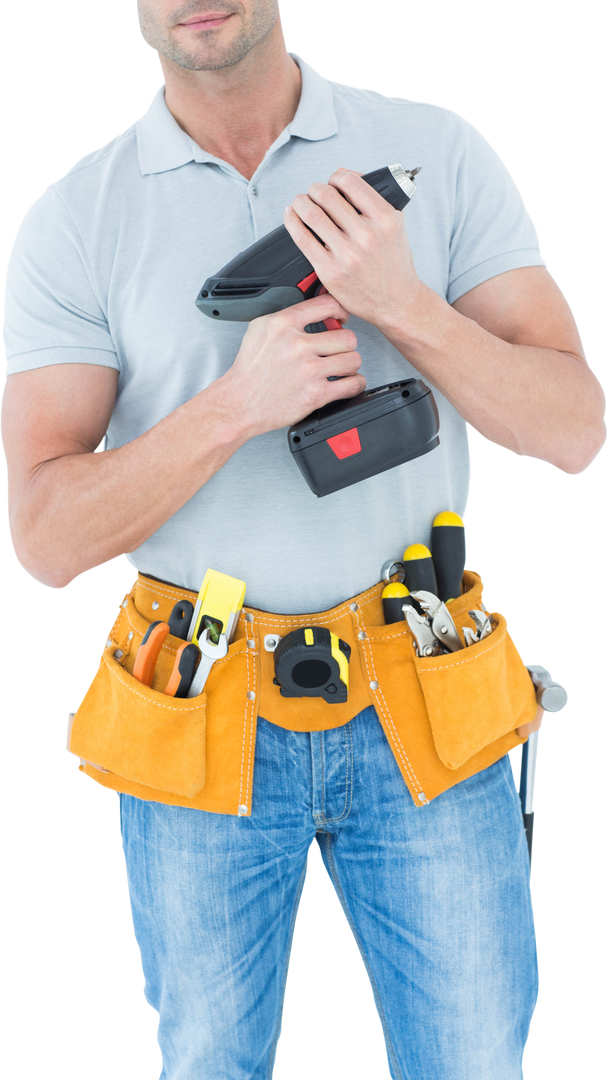 Transparent technician holding handheld drill wearing tool belt - Download Free Stock Images Pikwizard.com