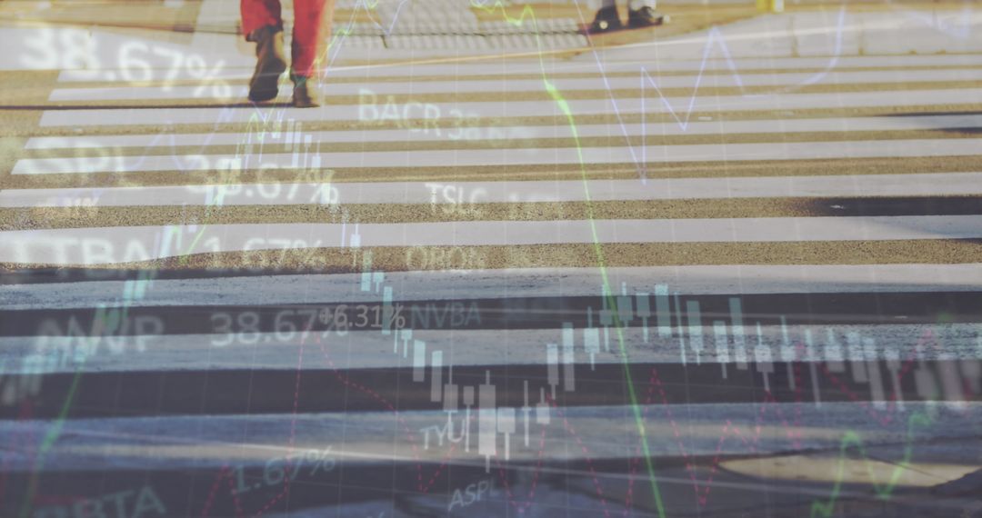 Overlay of Financial Data and Street Scene Symbolizing Global Economy