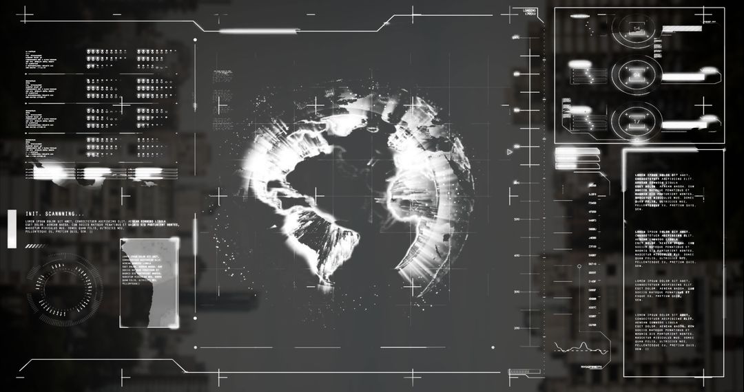 Digital Interface with Globe and Cityscape Background