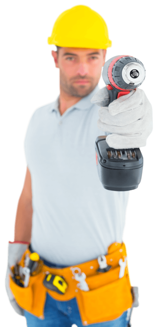 Transparent Handyman Using Power Drill Wearing Yellow Hard Hat