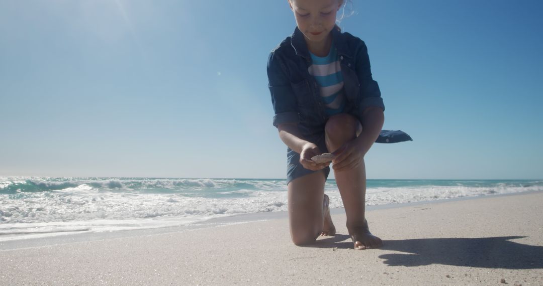 Child Collecting Seashells on Sunny Beach - Free Images, Stock Photos and Pictures on Pikwizard.com