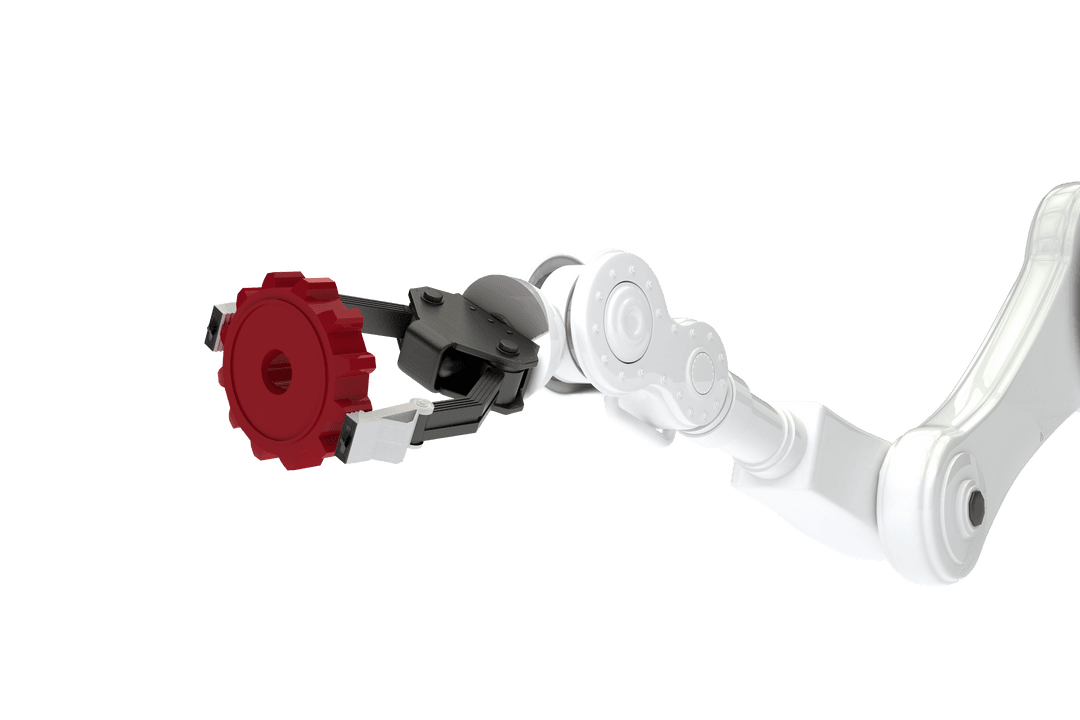 Transparent Robotic Arm Holding Red Gear