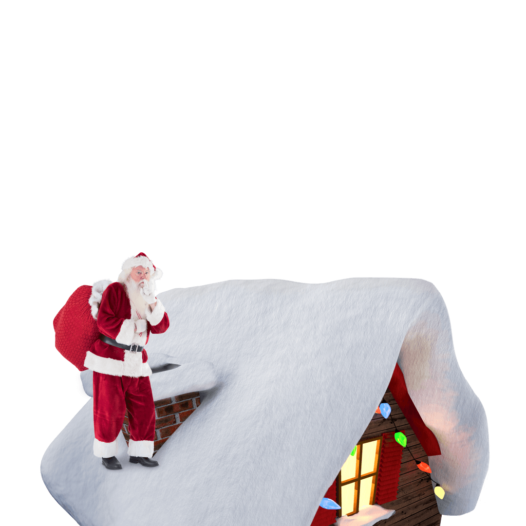 Santa Carrying Gift Sack Standing on Snowy Roof with Transparent Background
