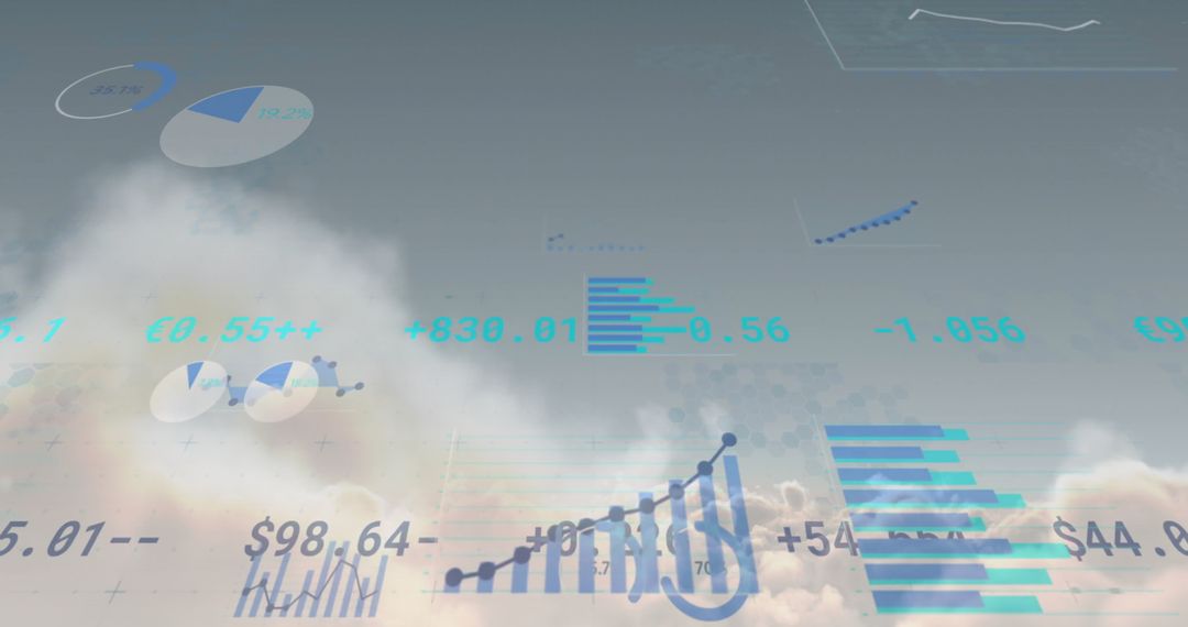 Futuristic Financial Data Overlaid on Cloudy Sky