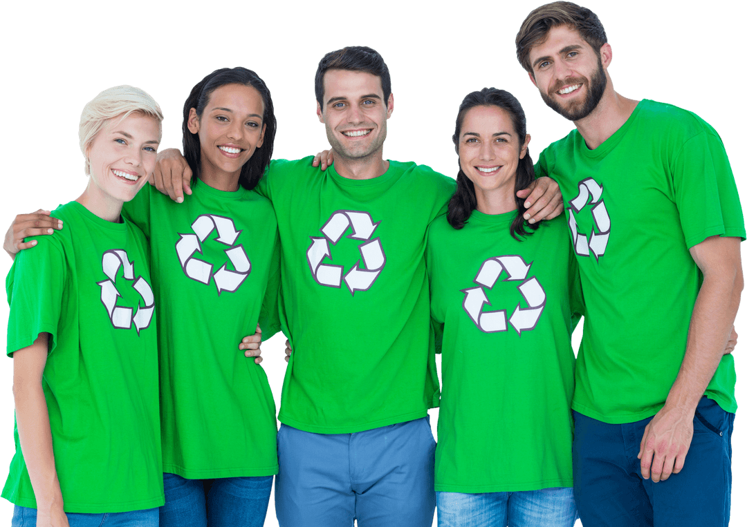 Diverse Group in Green Shirts with Recycling Symbol on Transparent Background