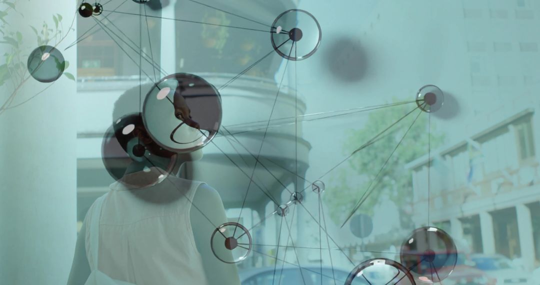 Woman Walking in City with Digital Network Overlay