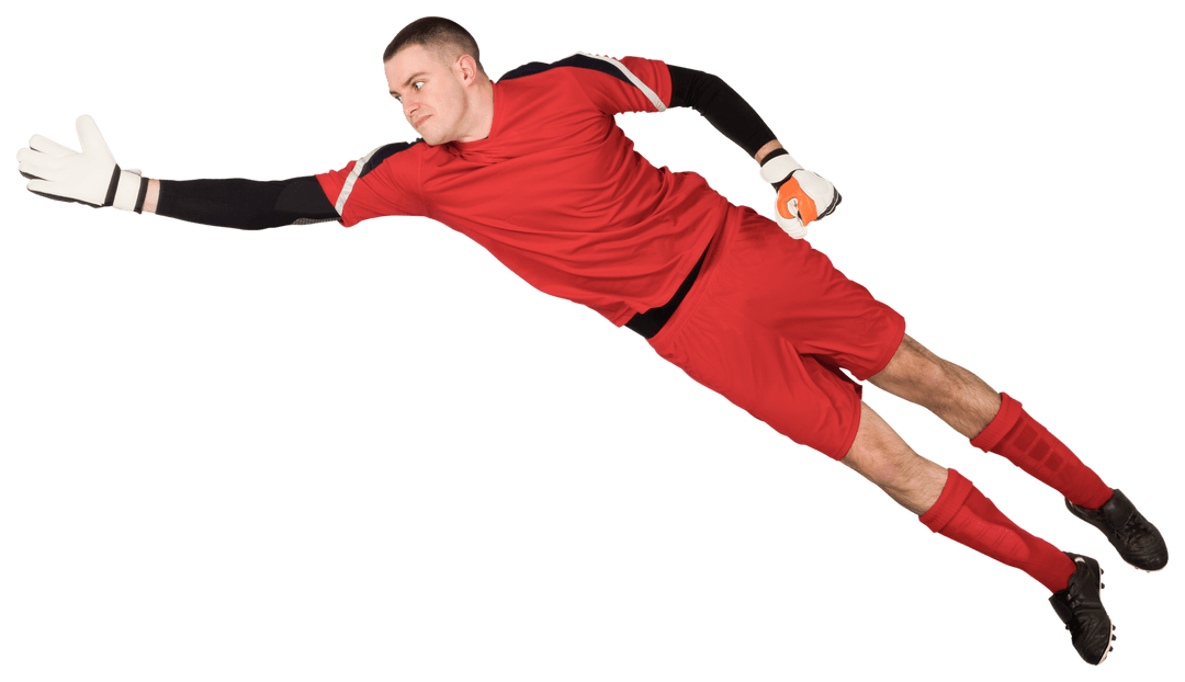 Caucasian Male Goalkeeper Jumping Save on Transparent Background