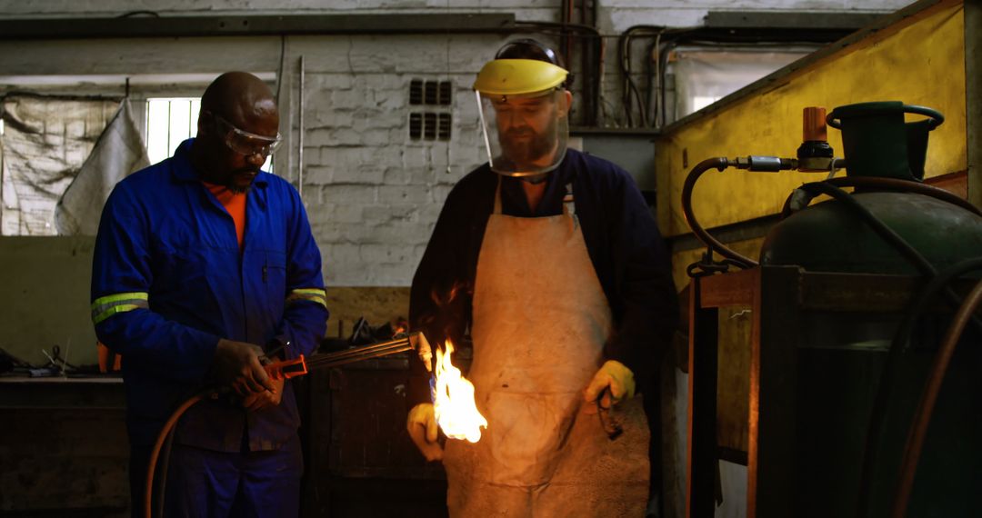 Two Male Welders Working with Torch and Welding Equipment in Workshop - Free Images, Stock Photos and Pictures on Pikwizard.com