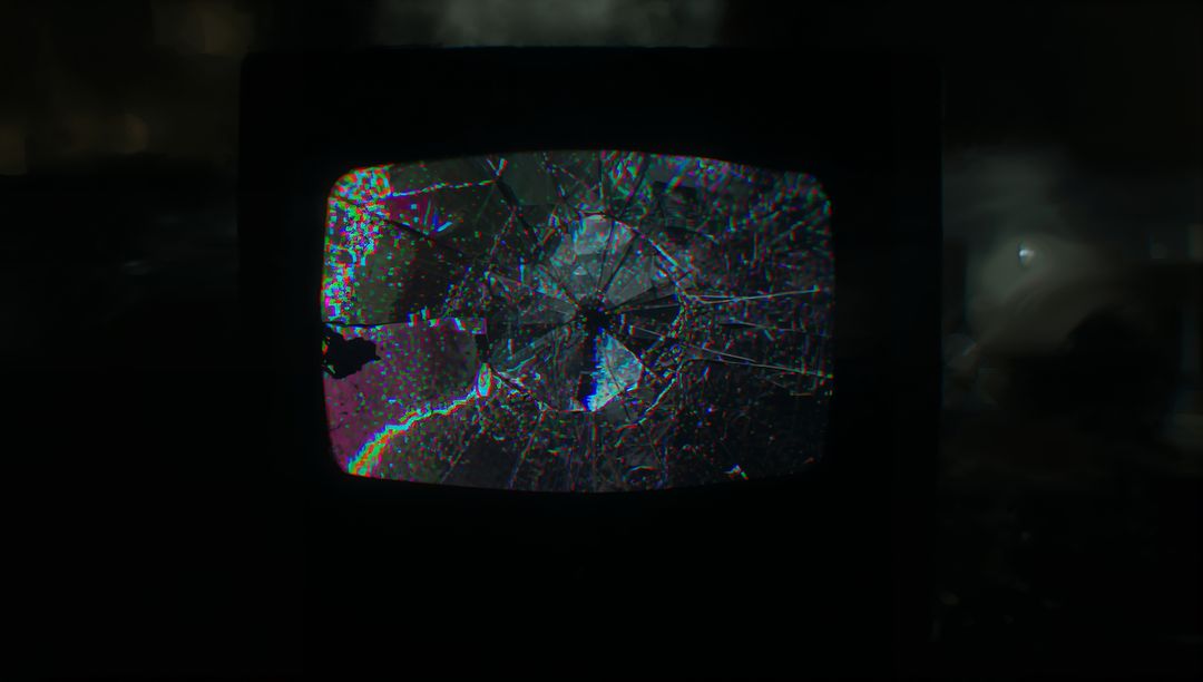 Abandoned CRT TV with Glitch Patterns in Dim Basement