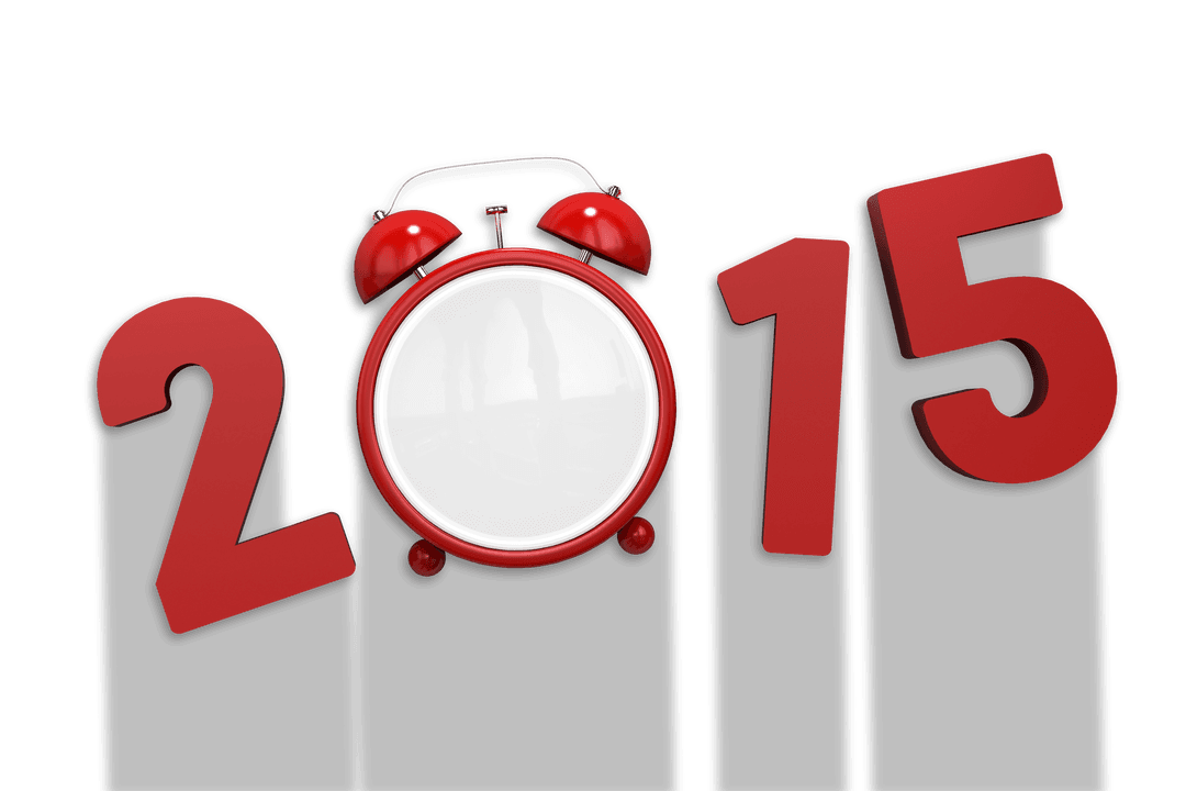 2015 Graphic with Red Alarm Clock on Transparent Background