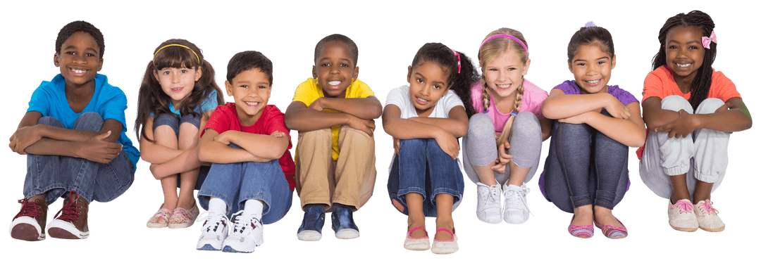 Diverse Smiling Children Sitting Together on Transparent Background
