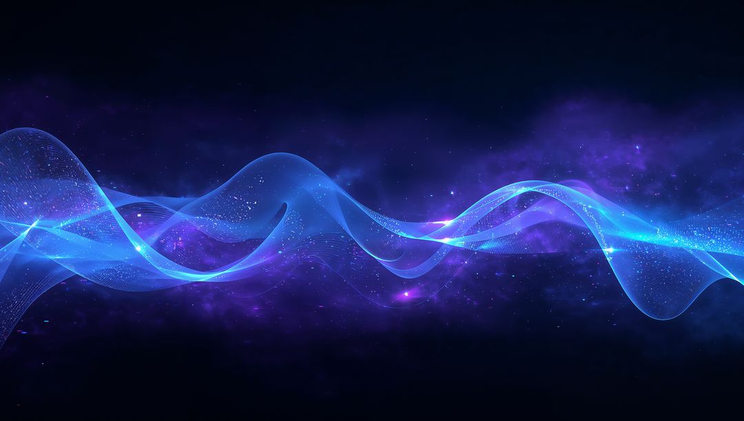 Flowing Blue Energy Ribbon Stretching Across Cosmic Nebula and Starfield