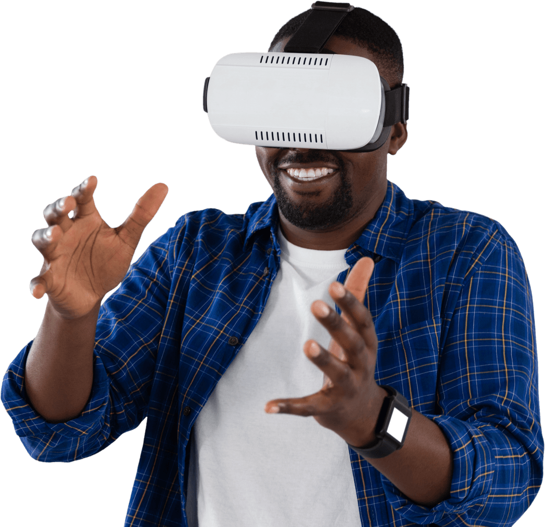 African American Man Excitedly Using Transparent Virtual Reality Headset