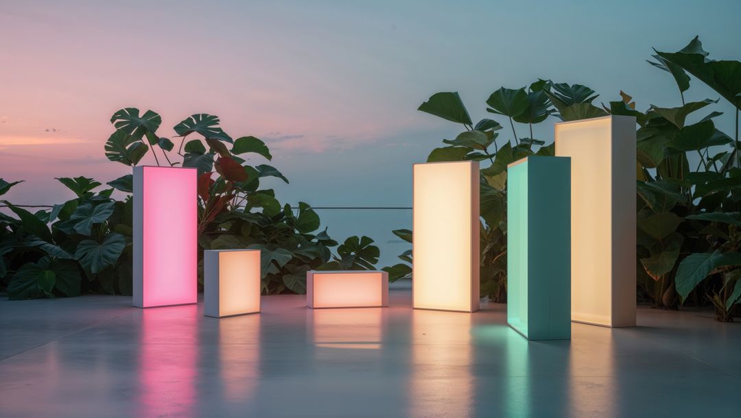 Glowing Rectangular Pillars and Tropical Plants at Dusk