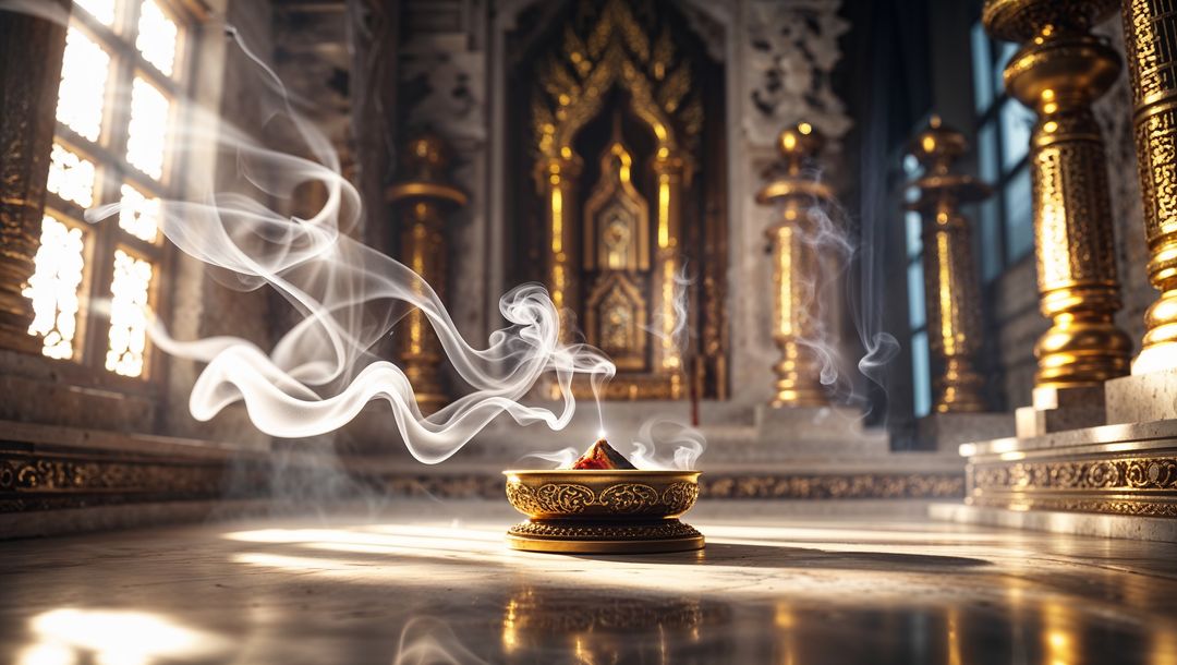 Frankincense burner emanating smoke in ornate temple hall
