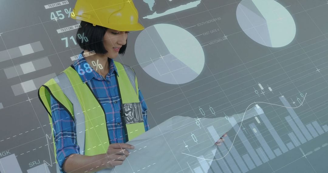 Architect with Tablet Examining Overlay of Financial Graphs and Data