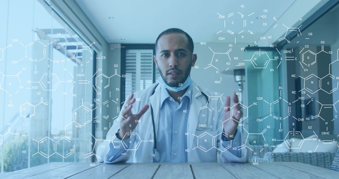 Doctor Conducting Virtual Consultation with Chemical Structures Overlay