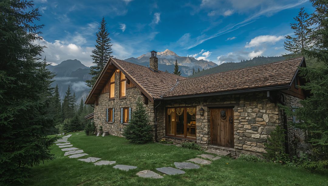 Rustic Stone Mountain Cottage Nestling in Pine Forest with Shingle Roof and Stone Pathway