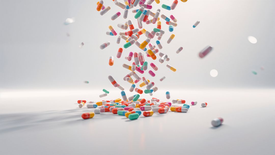 Colorful Capsule Pills Falling on White Surface