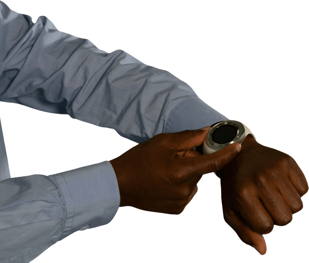 Close-Up of Man Interacting with Transparent Background Smartwatch
