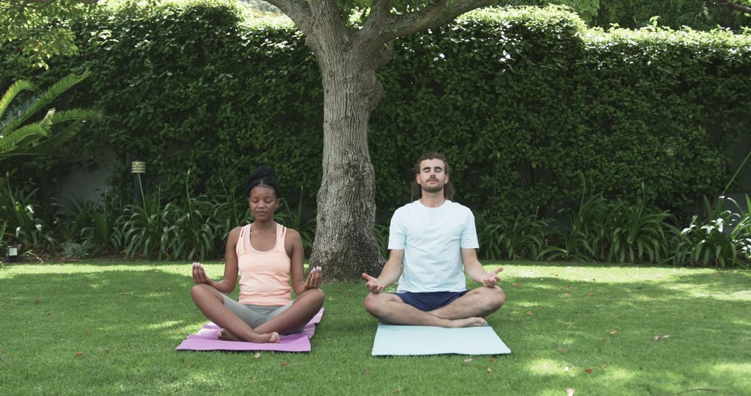 Diverse Individuals Meditating Under Tree in Garden